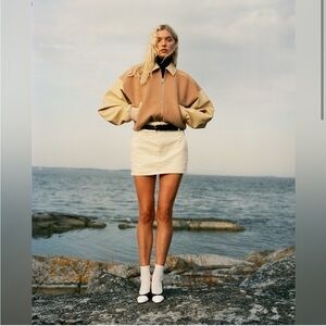 Helsa Faux Leather & Wool Blend Bomber in Tan